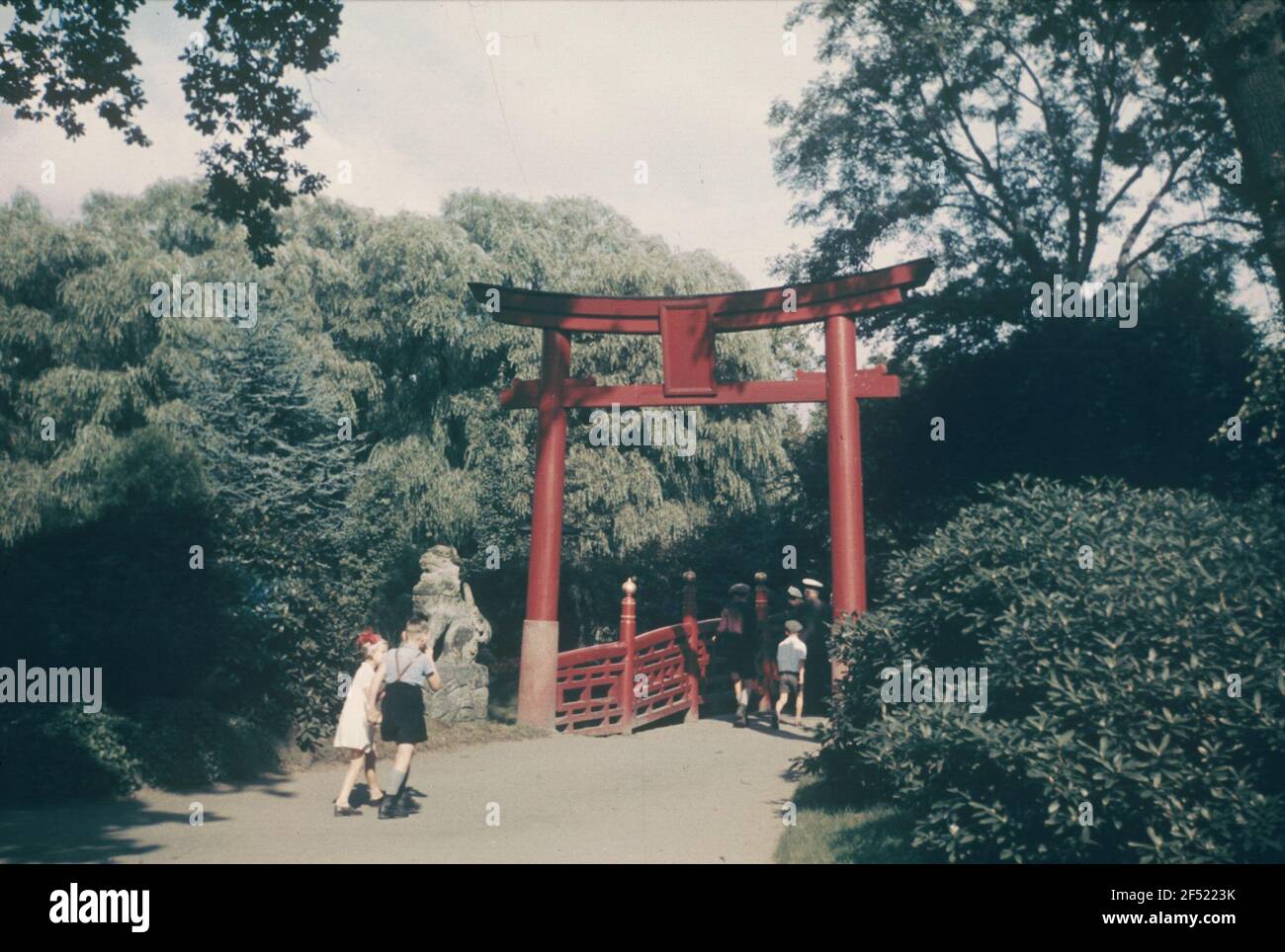 Travel photos Asia. Red wooden gate with bridge (probably access to a Shinto shrine) Stock Photo