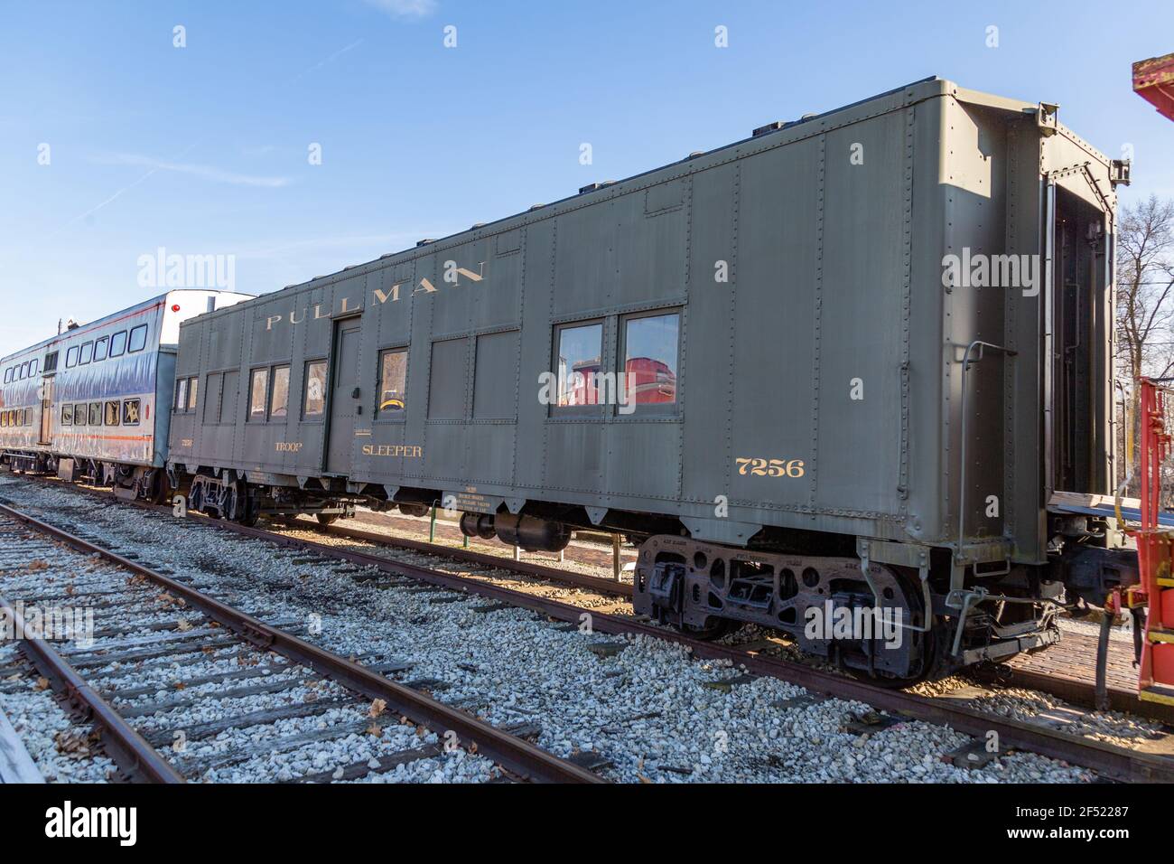 A restored antique Pullman sleeping car sits on display at the Hoosier Valley Railroad Museum in North Judson, Indiana, USA. Stock Photo