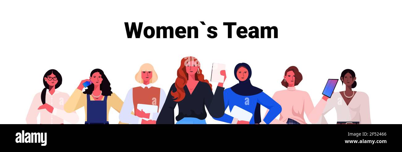 businesswomen leaders in formal wear standing together successful