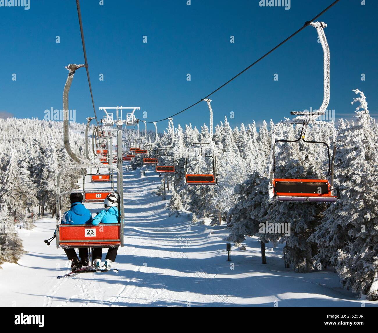 chair lift on Mount Serak for downhill skiers - Jesenik mountains or Jeseniky - Czech republic Stock Photo