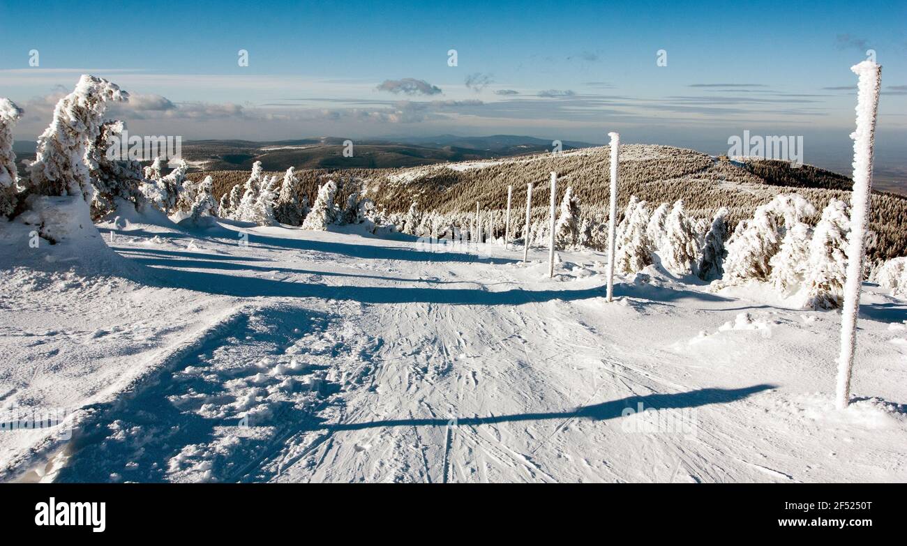 view of crosscountry skiing way and mount Serak - Jesenik mountains- Moravia - Czech republic Stock Photo