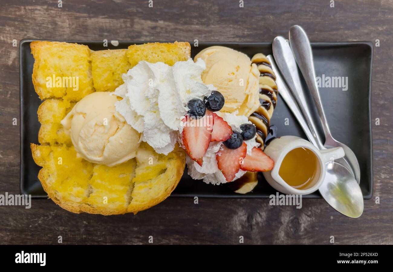 honey toast with ice cream on dish Stock Photo