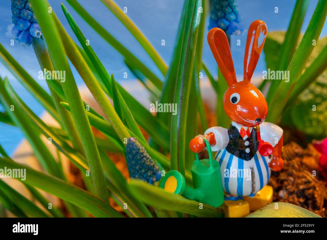 small wooden rabbit dressed in clothes in a garden setting Stock Photo ...