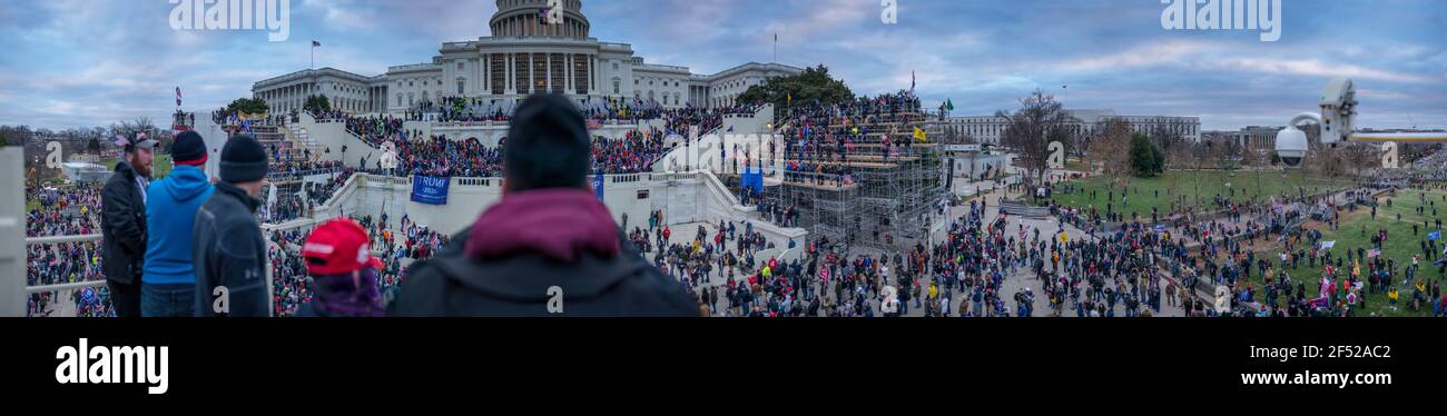 January 6th 2021, Panorama of Capitol riot. Large crowds of Trump supporters ascending on US Capitol Building after Save America Rally, Washington,USA Stock Photo