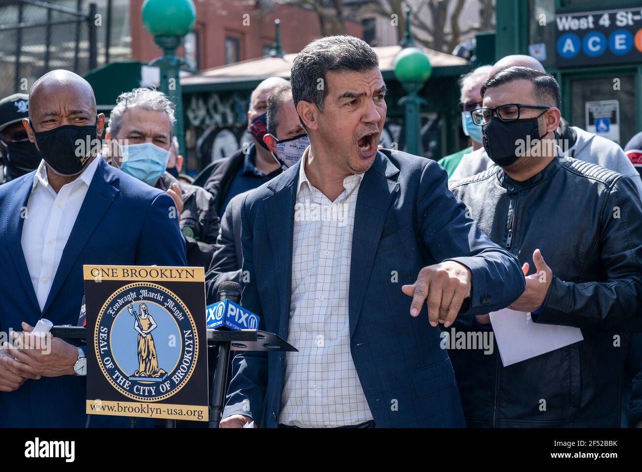 City Council member Ydanis Rodriguez speaks at a rally at the West 4th Street Station to demand restoration of service C and F lines to pre-pandemic levels. TWU Local 100 officers and members were joined by Brooklyn Borough President Eric Adams who is running for the mayor, council members Brad Lander and Ydanis Rodriguez who is the Chair of the City Council Transportation Committee. The political leaders also endorsed the union's class action lawsuit to block MTA any future service cuts. (Photo by Lev Radin/Pacific Press) Stock Photo