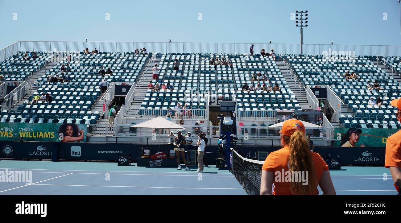 Miami Gardens, United States. 23rd Mar, 2021. Mostly empty seats are seen  at the Miami Open in the Hard Rock Stadium in Miami Gardens, Florida,  Tuesday, March 23, 2021. To keep to