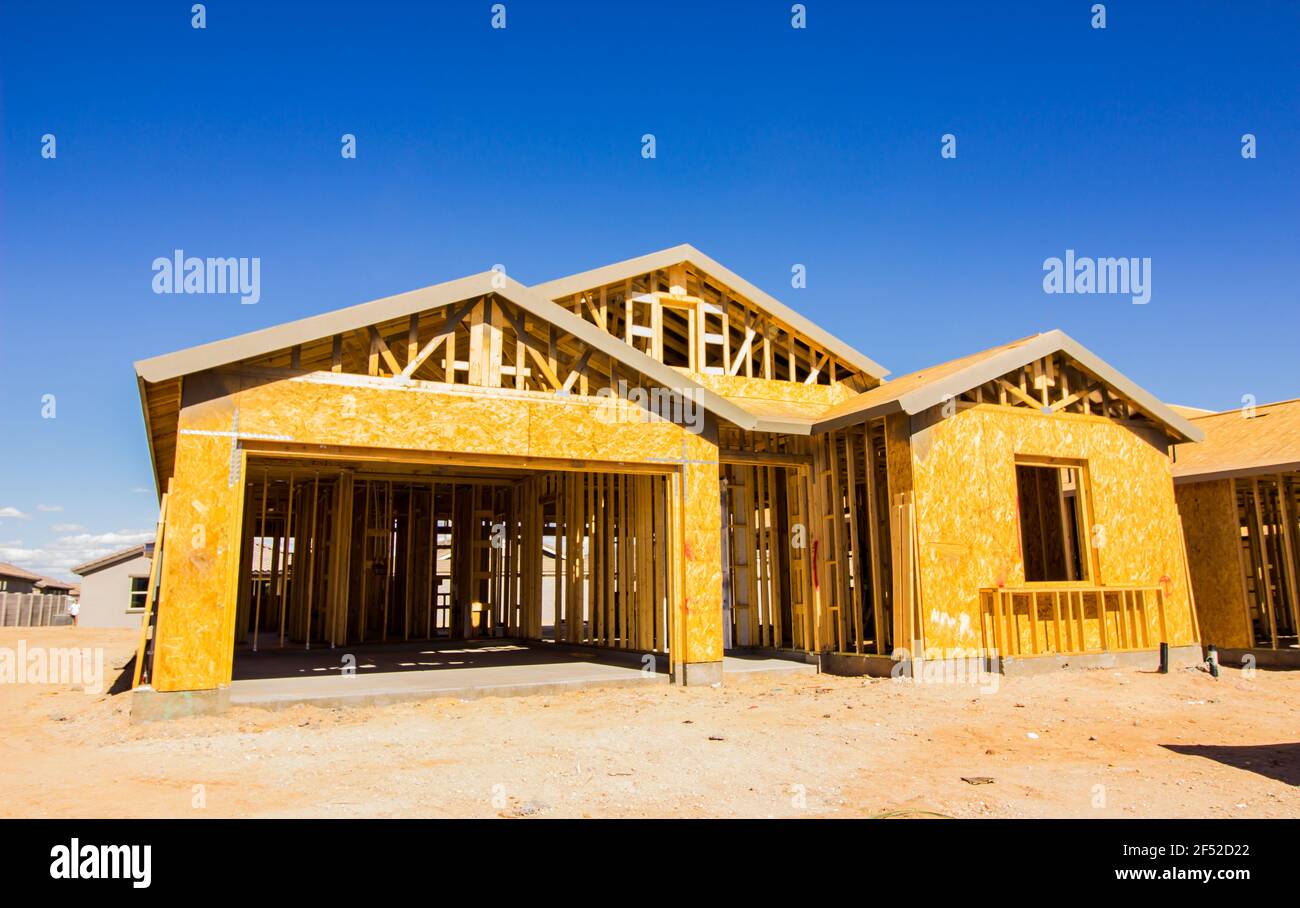 Framing & Sheathing Of New Home Under Construction Stock Photo