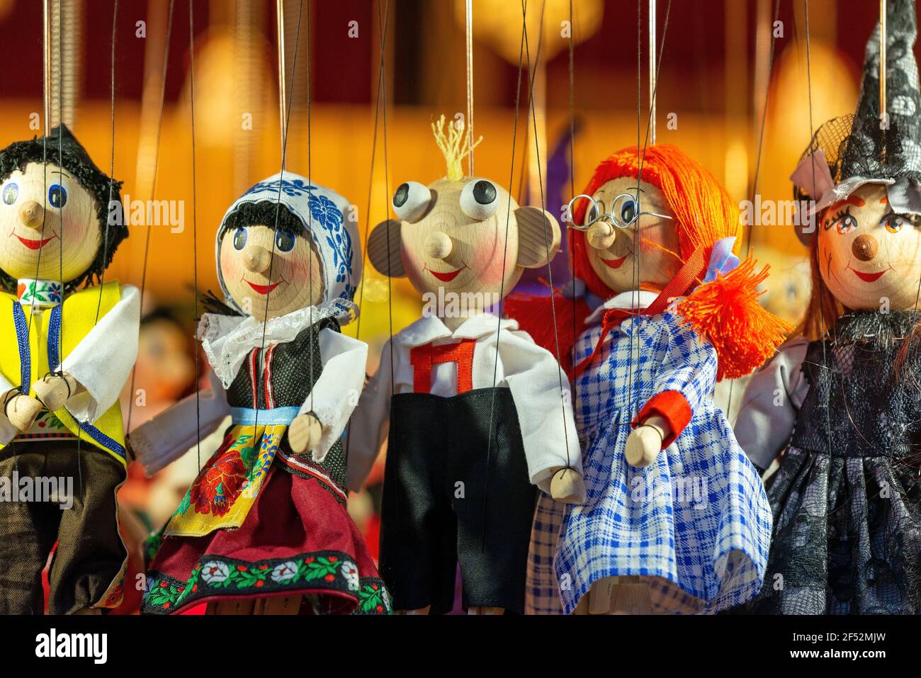 Traditional handmade wood strings puppets and marionettes for sale in prague as souvenir, Prague, Czech Republic. Stock Photo