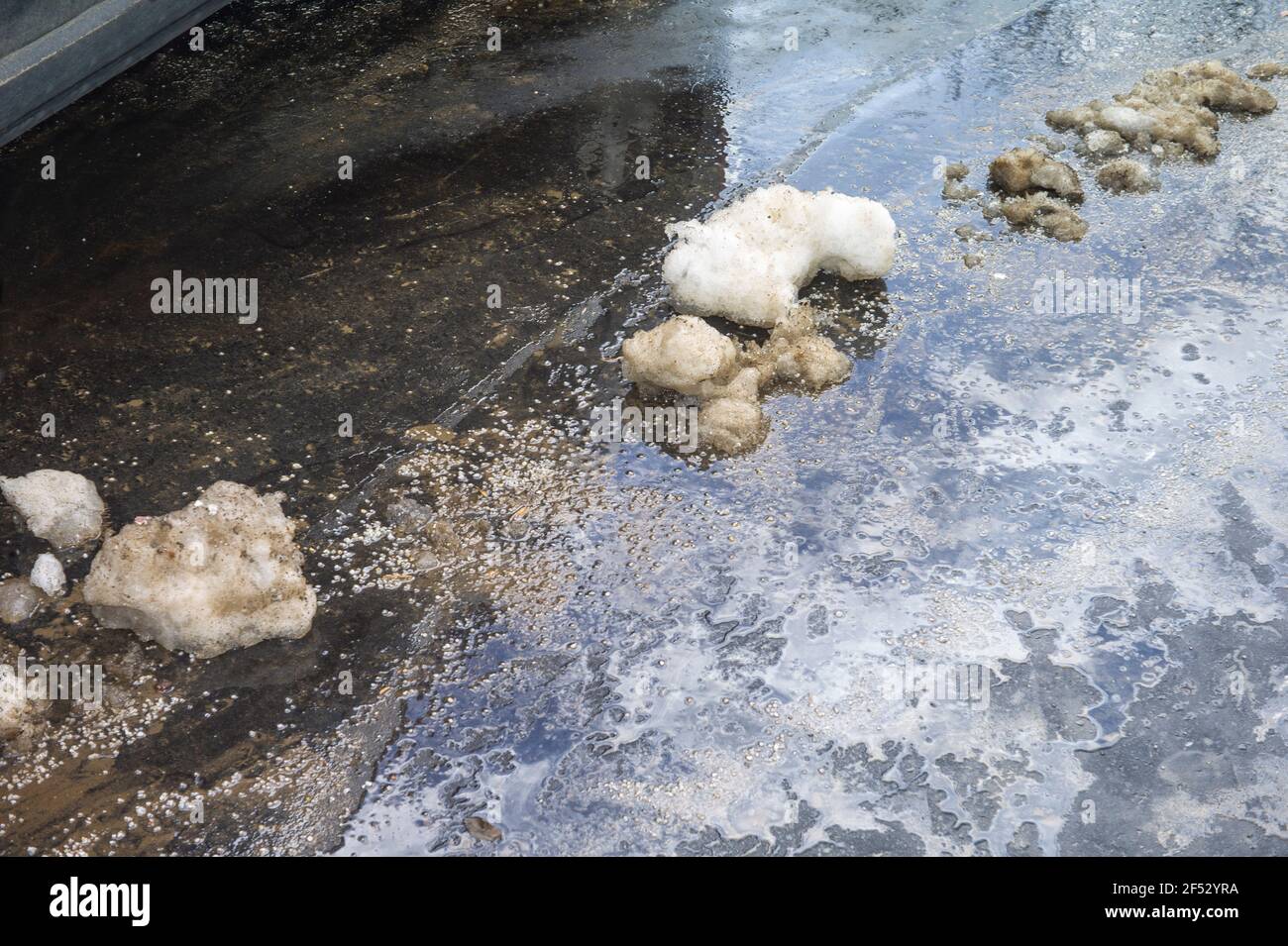 Oil spill and gritting salt on dirty asphalt, daylight closeup Stock
