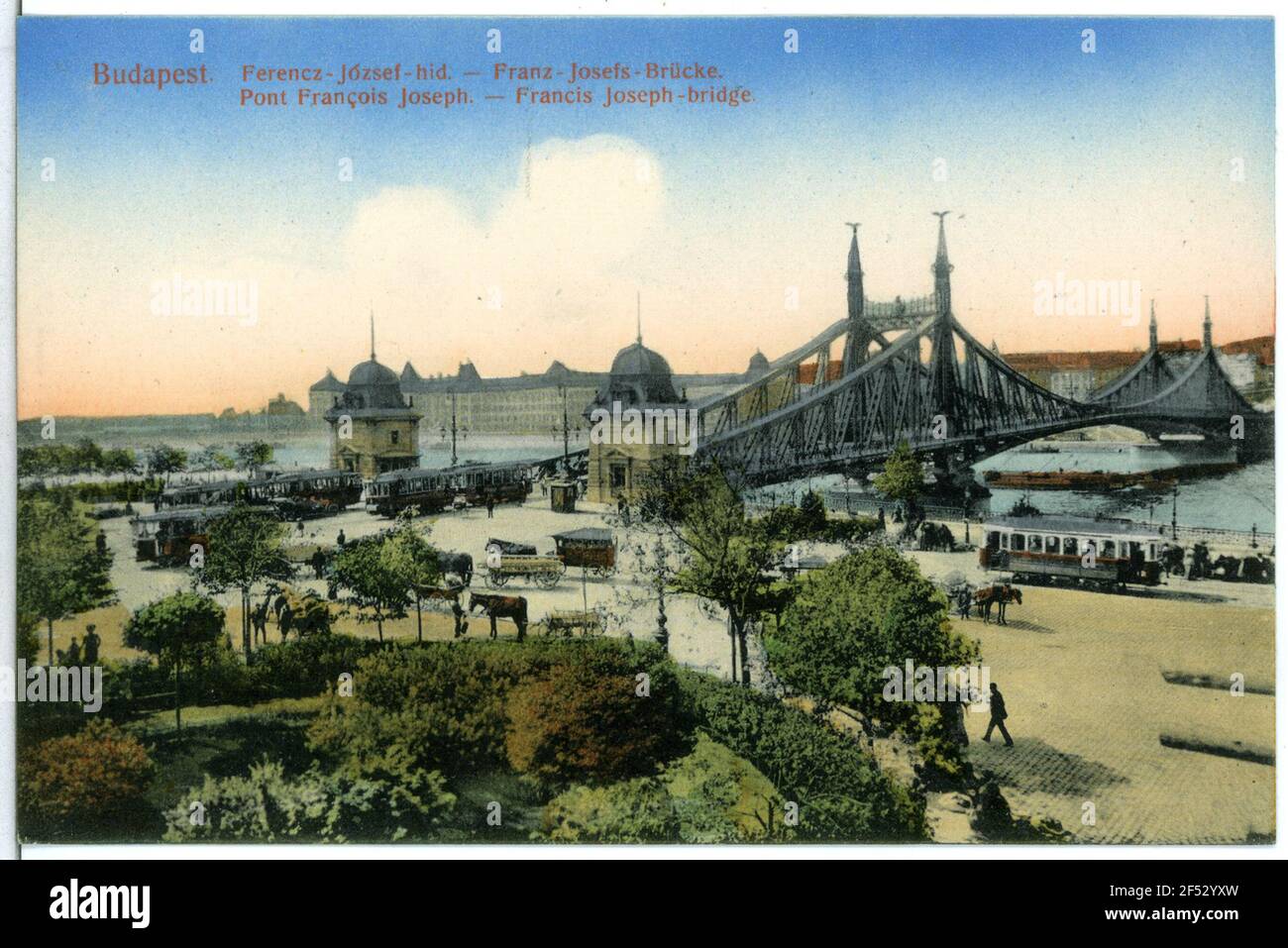 Franz Josefs bridge with trams Budapest. FranzJosephs Bridge (1894