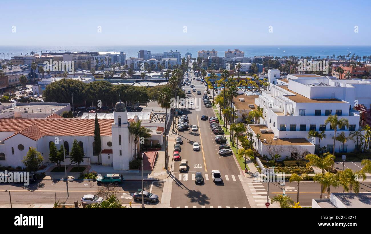 Daytime aerial view of the downtown city area of Oceanside, California, USA. Stock Photo