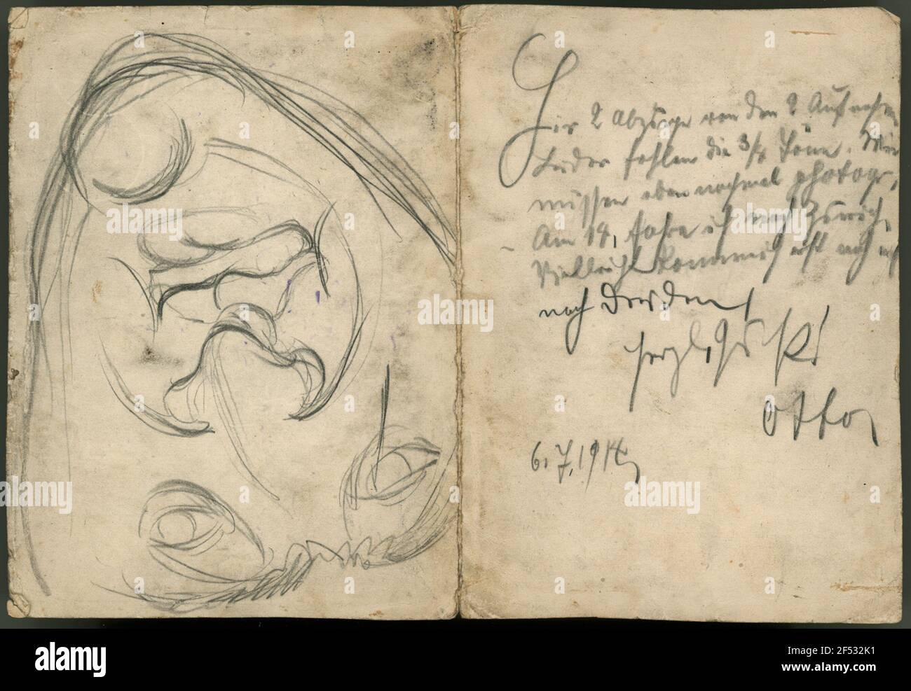 Male portrait (cartoon), pencil drawing, undated, not designated, and text by Otto Dix on centrally folded carton leaf transverse-4 °; On this (turned around 180 °) 2 Photographs (Dix, Otto: Bust Friedrich Nietzsche, 1912) Stock Photo