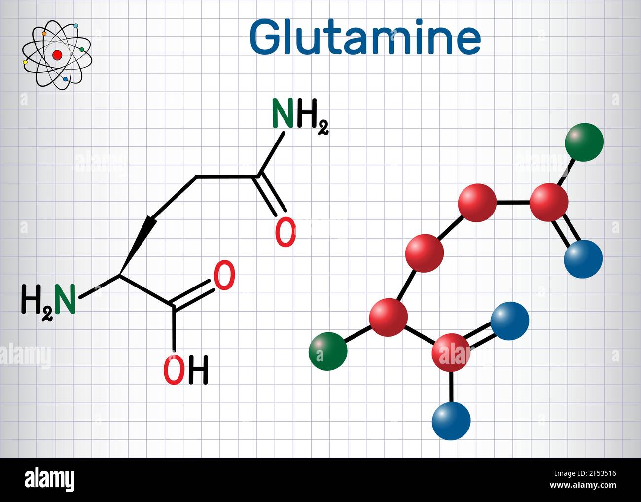 Glutamine (Gln , Q) amino acid molecule.  Structural chemical formula and molecule model. Sheet of paper in a cage.Vector illustration Stock Vector