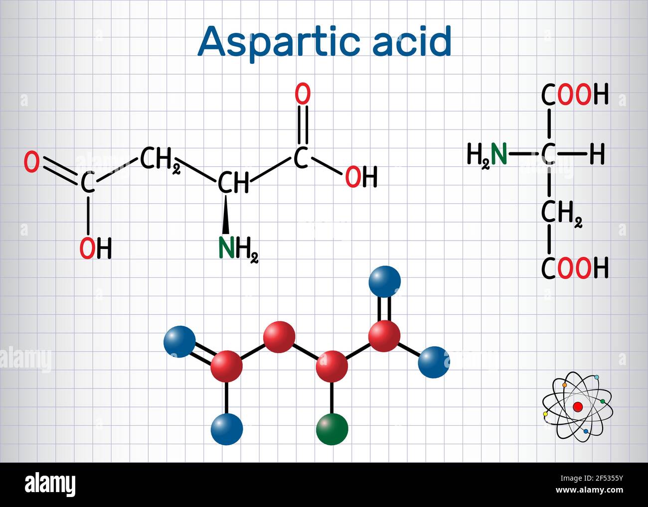 Aspartic acid (L- aspartic acid, Asp, D, aspartate) proteinogenic amino acid molecule.  Sheet of paper in a cage. Structural chemical formula and mole Stock Vector
