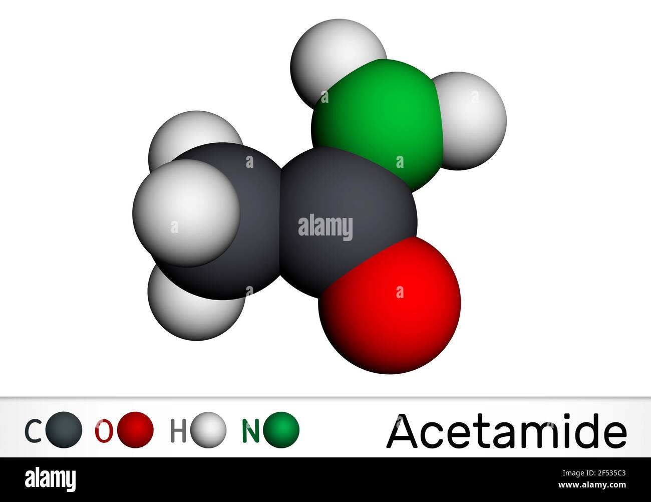 Acetamide, ethanamide molecule. It is a monocarboxylic acid amide. Molecular model. 3D rendering. 3D illustration Stock Photo