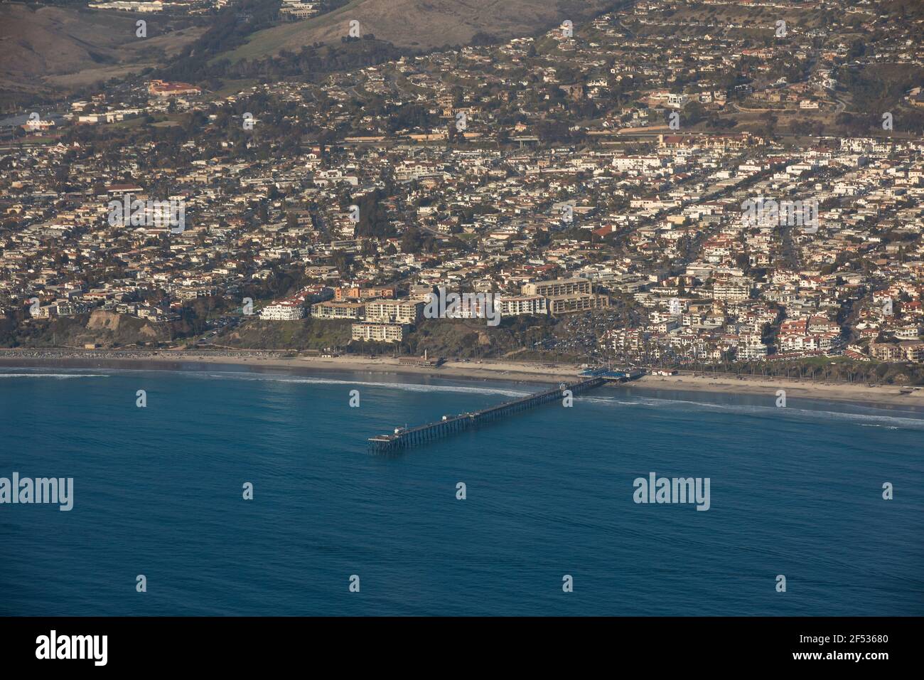 Daytime aerial view of the beach and downtown city area of San Clemente, California, USA. Stock Photo