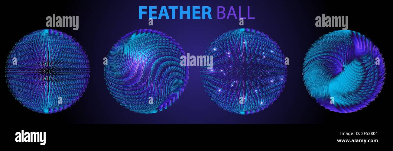 Set of four abstract fur feather blue and violet ball with light on dark gradient background Stock Vector