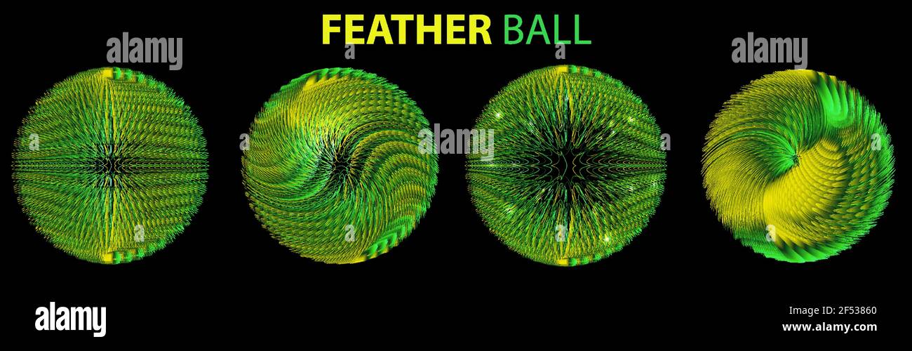 Set of four abstract fur, feather green and yellow ball with light on black background Stock Vector