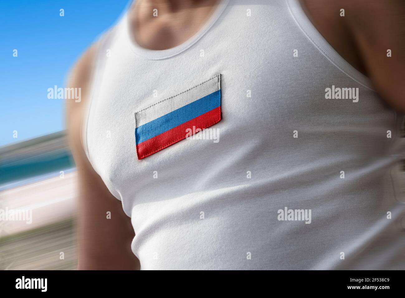 The national flag of Russia on the athlete's chest Stock Photo