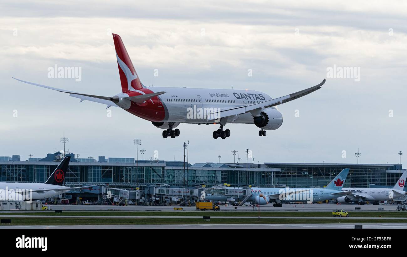 Richmond, British Columbia, Canada. 23rd Mar, 2021. A Qantas Boeing 787-9 Dreamliner jet (VH-ZNI), operating as a special repatriation flight from Sydney, Australia to Vancouver, Canada, lands at Vancouver International Airport, March 23, 2021. The return flight to Australia will depart Vancouver on March 25, 2021 and land in Darwin. Credit: Bayne Stanley/ZUMA Wire/Alamy Live News Stock Photo