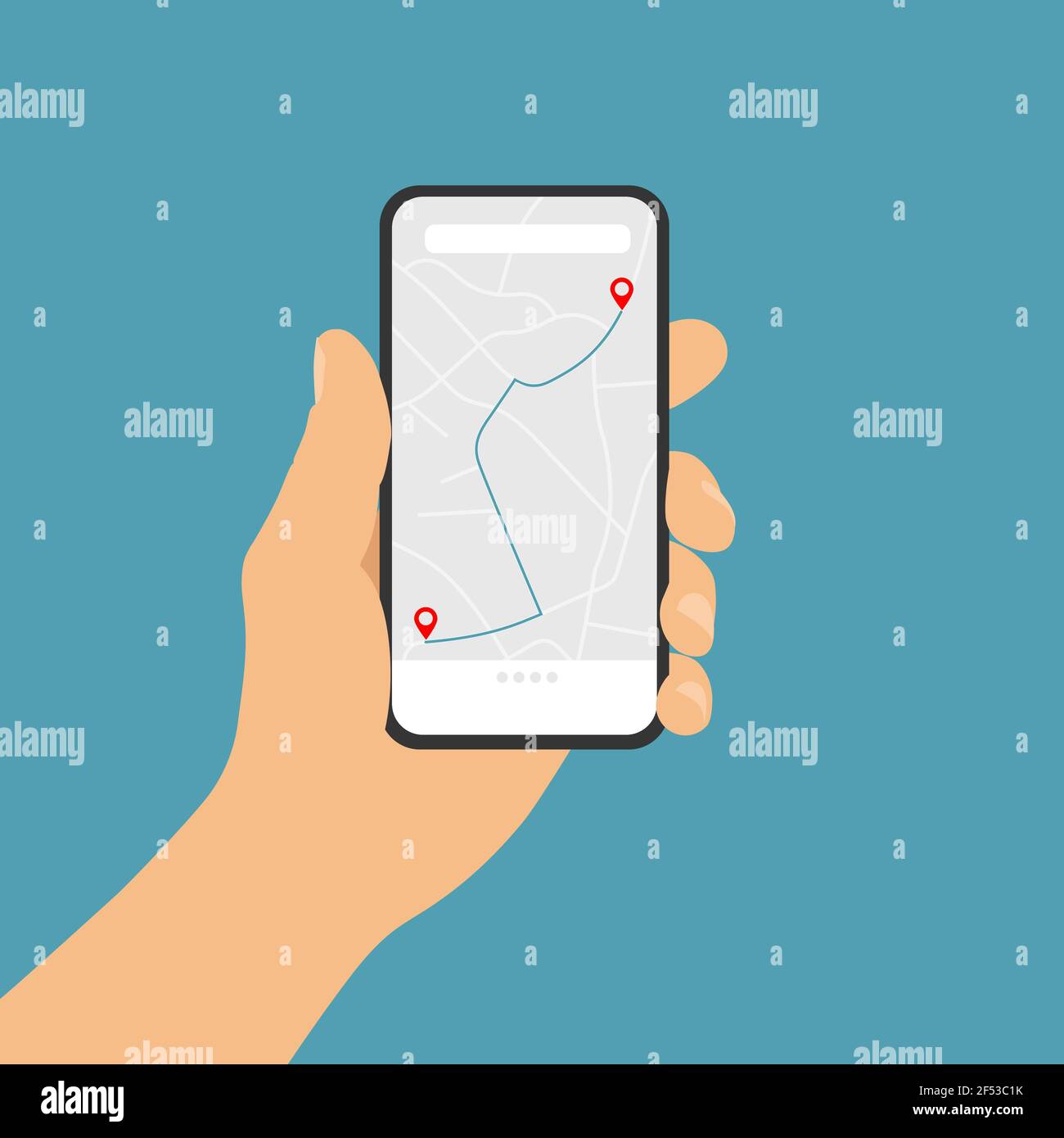 Flat design realistic illustration of hand holding mobile phone with ...