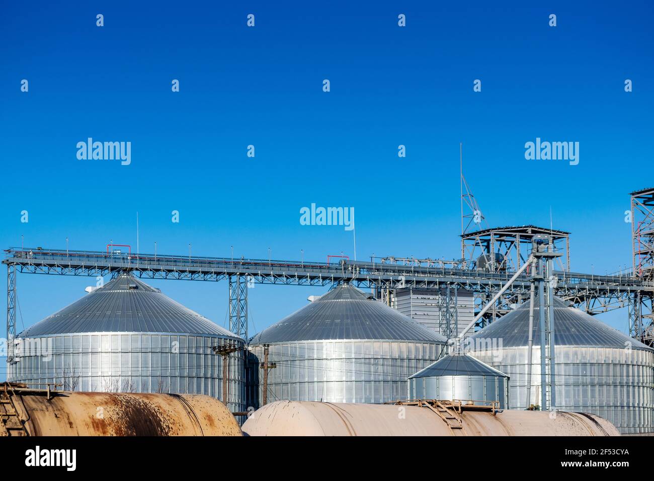 Railway cars near the elevator silos closeup view Stock Photo