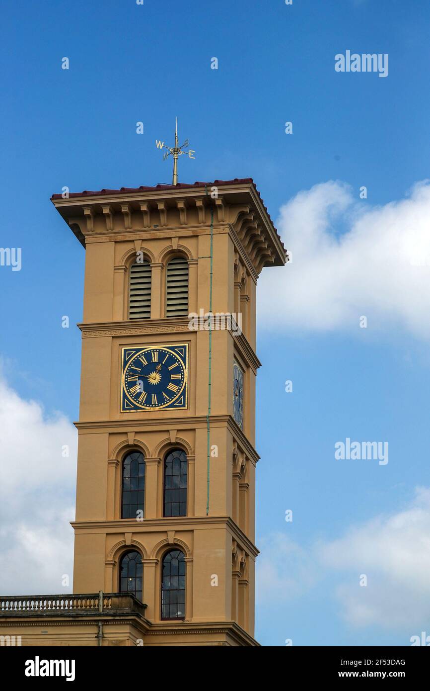 The newly restored Victorian weathervane atop the 90ft clock tower at English Heritage's Osborne House in East Cowes, on the Isle of Wight, following a two year restoration of the vane after it was damaged during a storm. Picture date: Wednesday March 24, 2021. Stock Photo