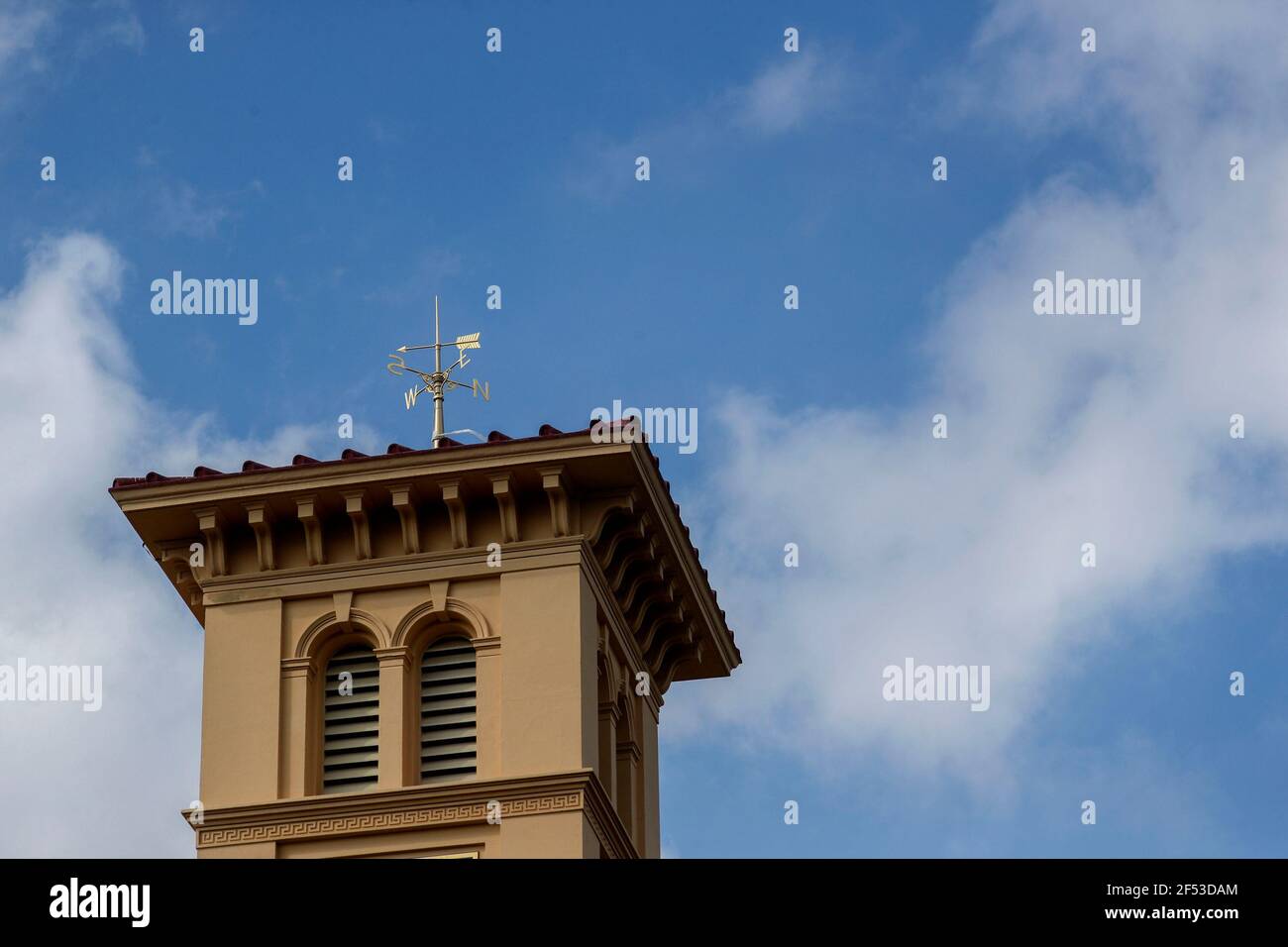 The newly restored Victorian weathervane atop the 90ft clock tower at English Heritage's Osborne House in East Cowes, on the Isle of Wight, following a two year restoration of the vane after it was damaged during a storm. Picture date: Wednesday March 24, 2021. Stock Photo