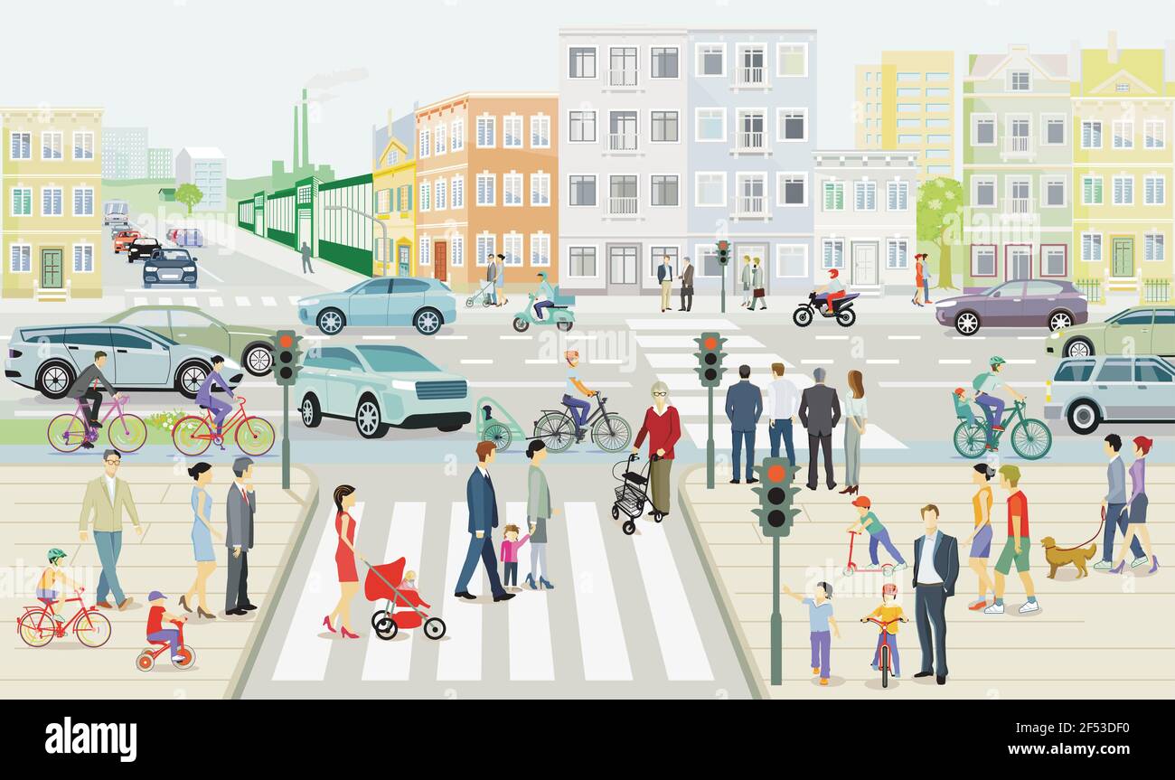 Streets with families and traffic in a city illustration Stock Vector ...