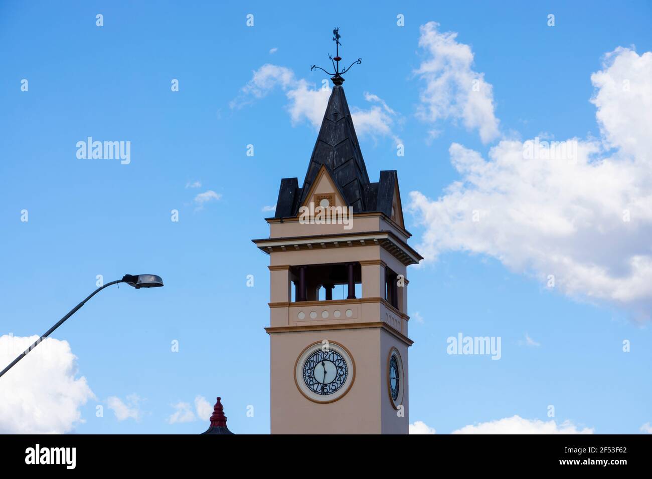 The clock tower on the old Telegraph Office building in Charters Towers, Queensland, Australia which is now a post office. Stock Photo