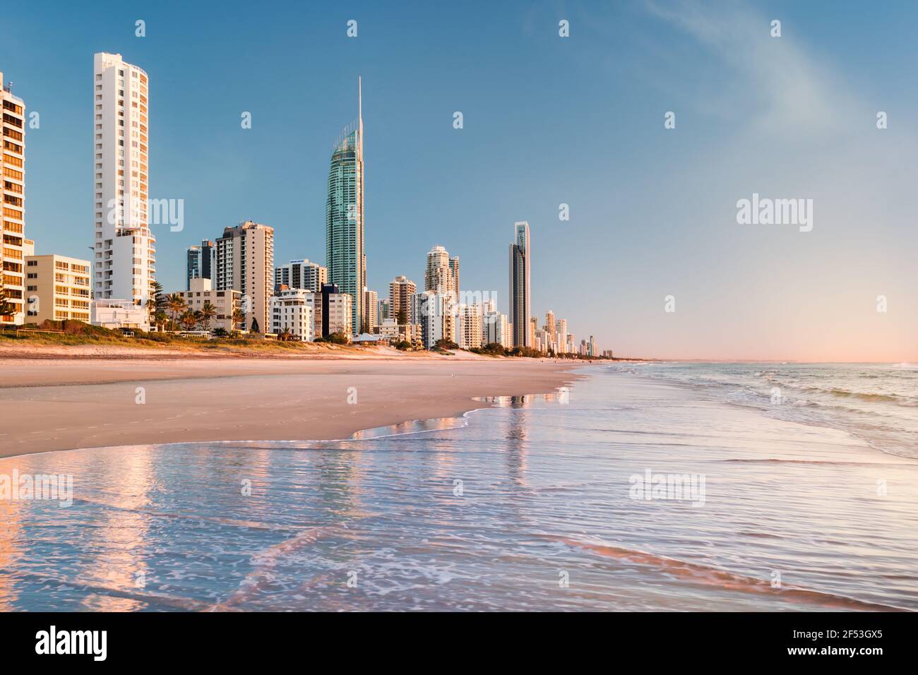 Early morning, Surfers Paradise Beach. This popular beach is on the Gold Coast, Queensland, Australia and is popular with tourists and locals alike. Stock Photo