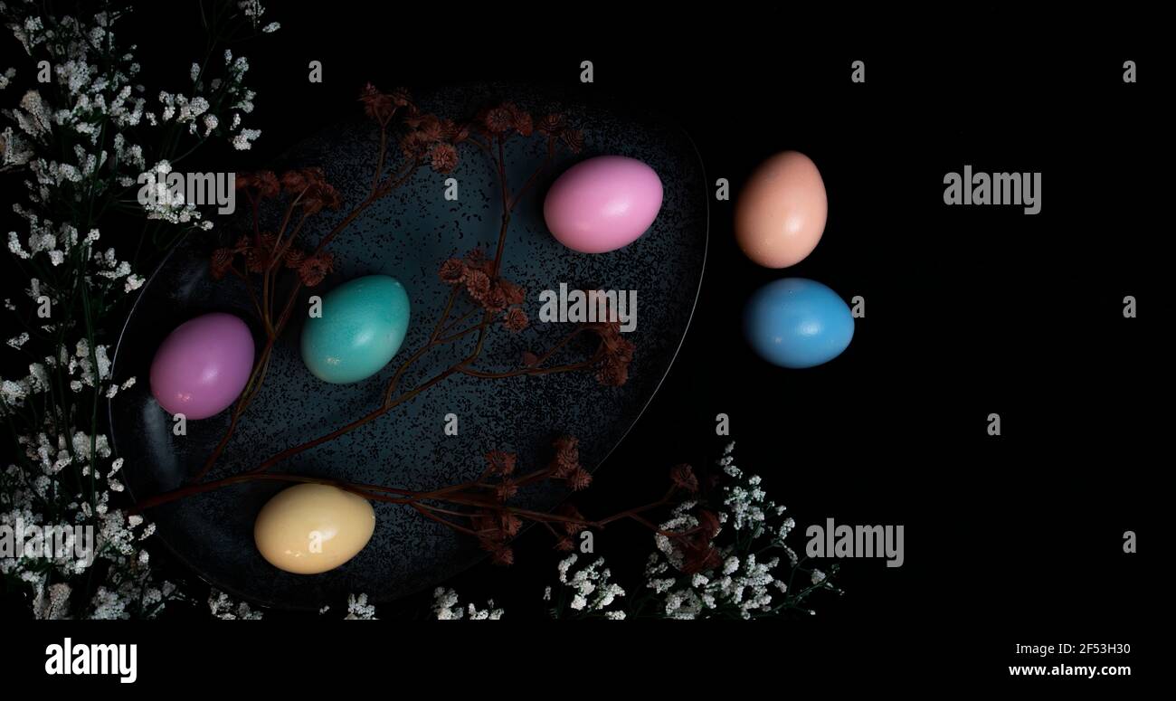 Pastel colored Easter eggs in a dark granite plate against Black background. Stock Photo