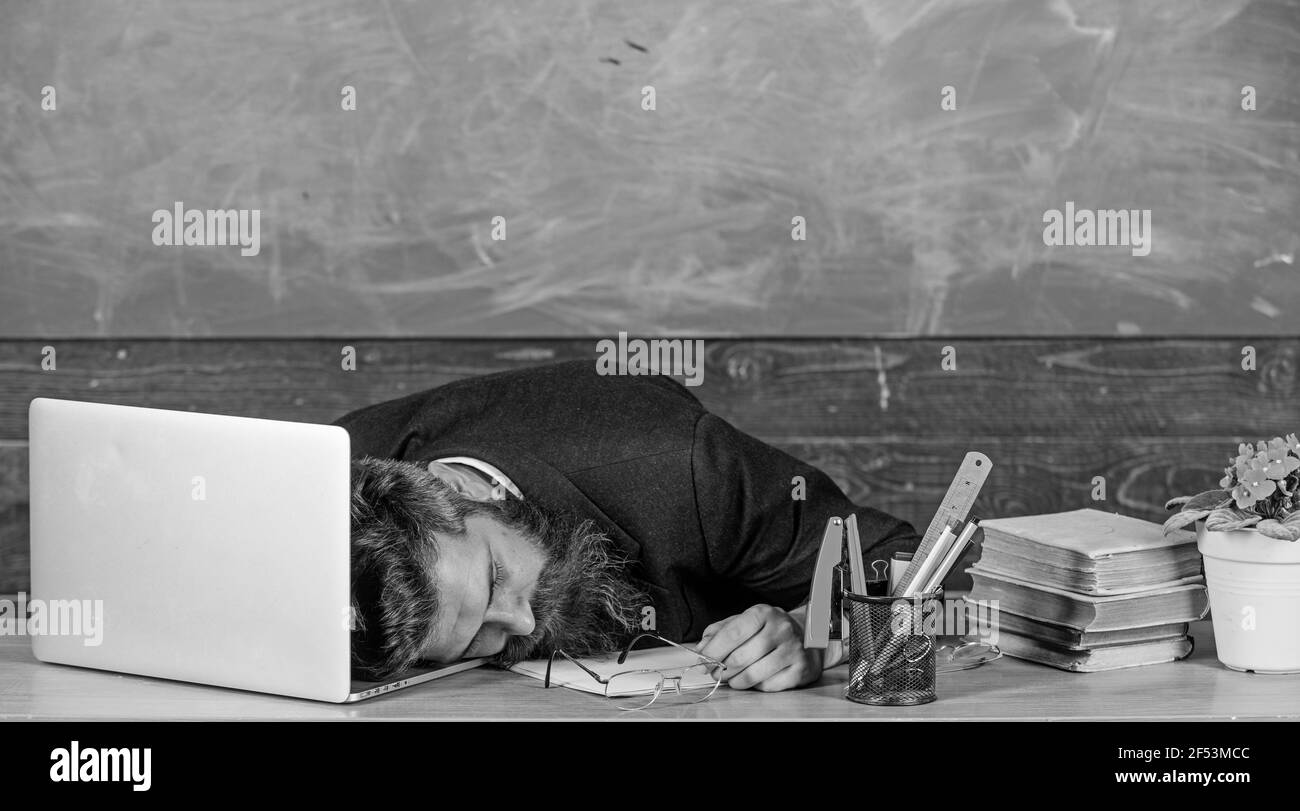 Life of teacher exhausting. Fall asleep at work. Educators more