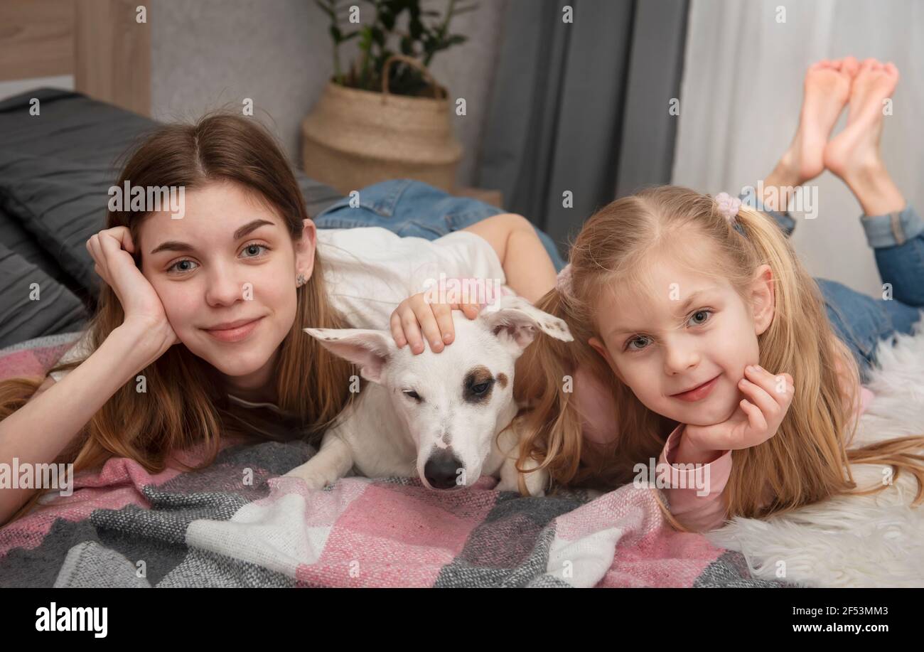 Teenage girl and child playing with their dog jack russell on the bed at home Stock Photo