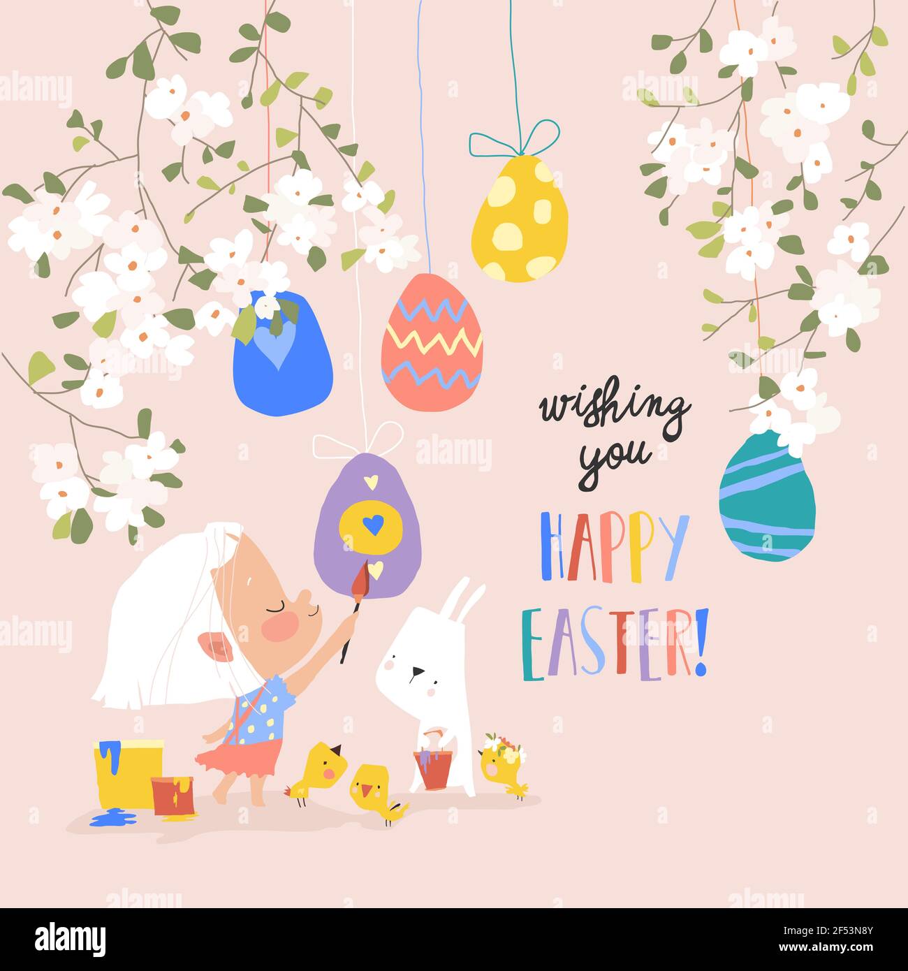 Cartoon Easter illustration with girl, rabbit and easter eggs Stock Vector