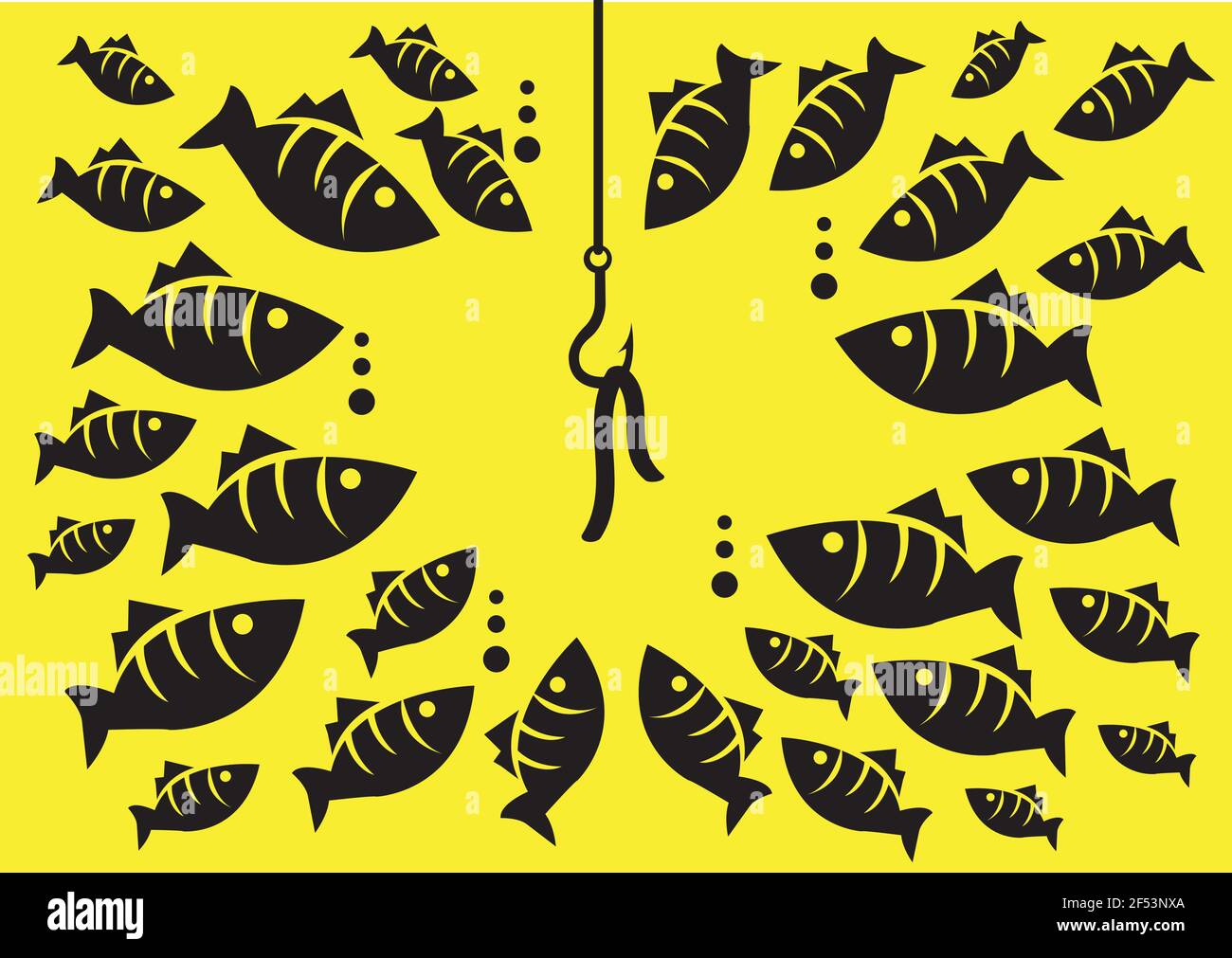 Vector illustration fish hook with bait attracted many fishes of different sizes under the sea isolated on yellow background. Stock Vector
