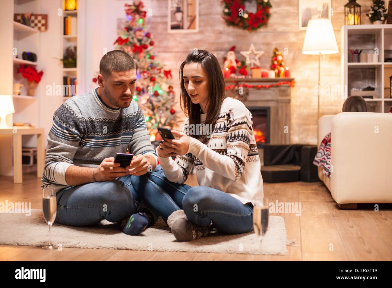 Scottish fold in the background while couple doing shopping on phone for christmas. Stock Photo