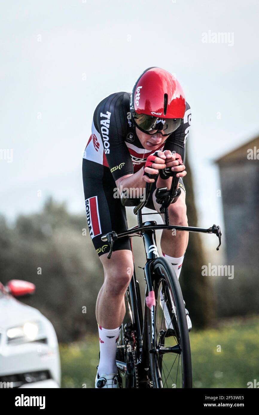 Volta Catalonia 23.3.2021- Maxim Van Gils riding for Team Lotto–Soudal  in the 18.5km time trial near Banyoles, Spain Stock Photo