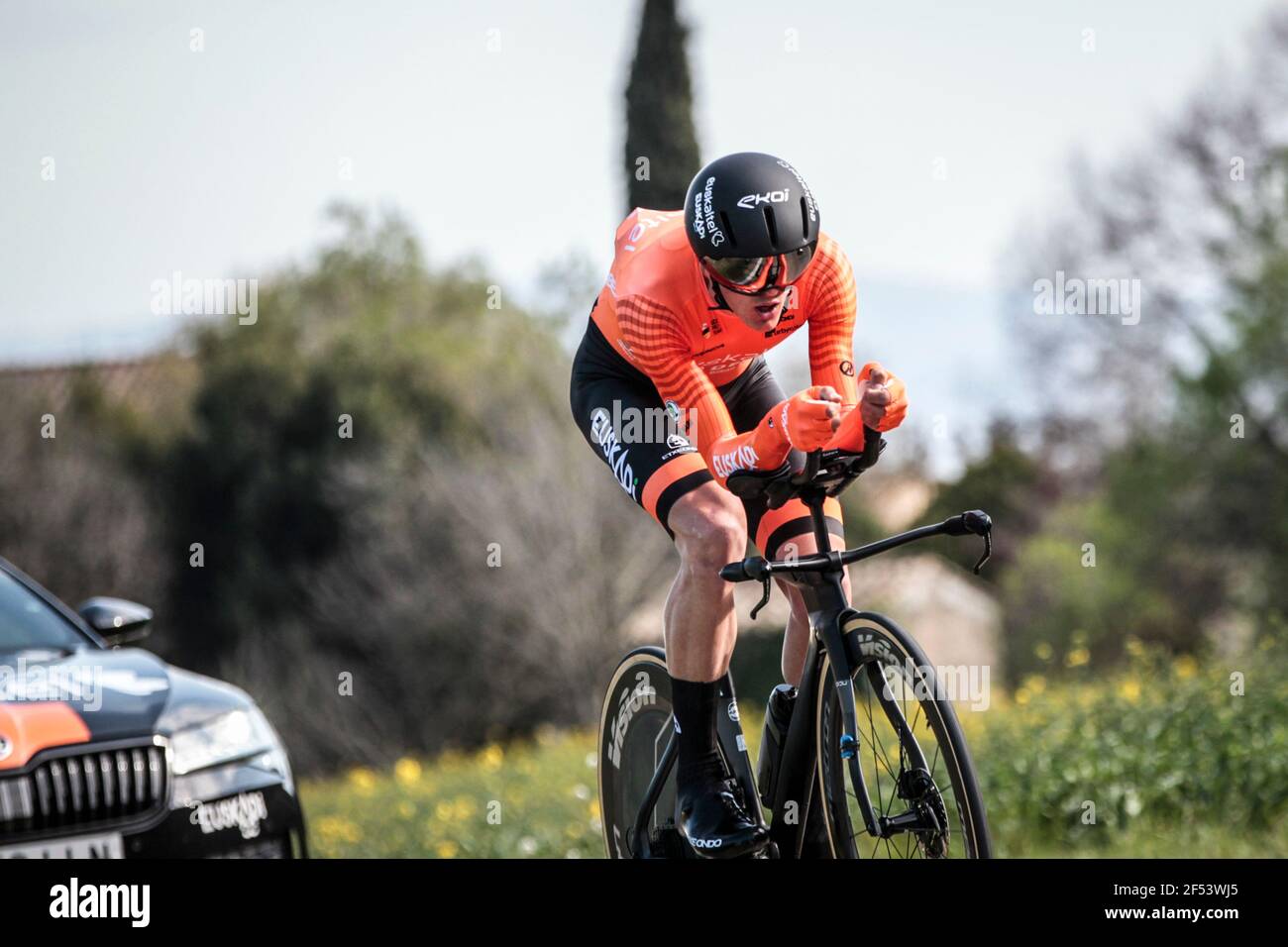 Volta Catalonia 23.3.2021- Joan Bou riding for Team Euskaltel–Euskadi  in the 18.5km time trial near Banyoles, Spain Stock Photo