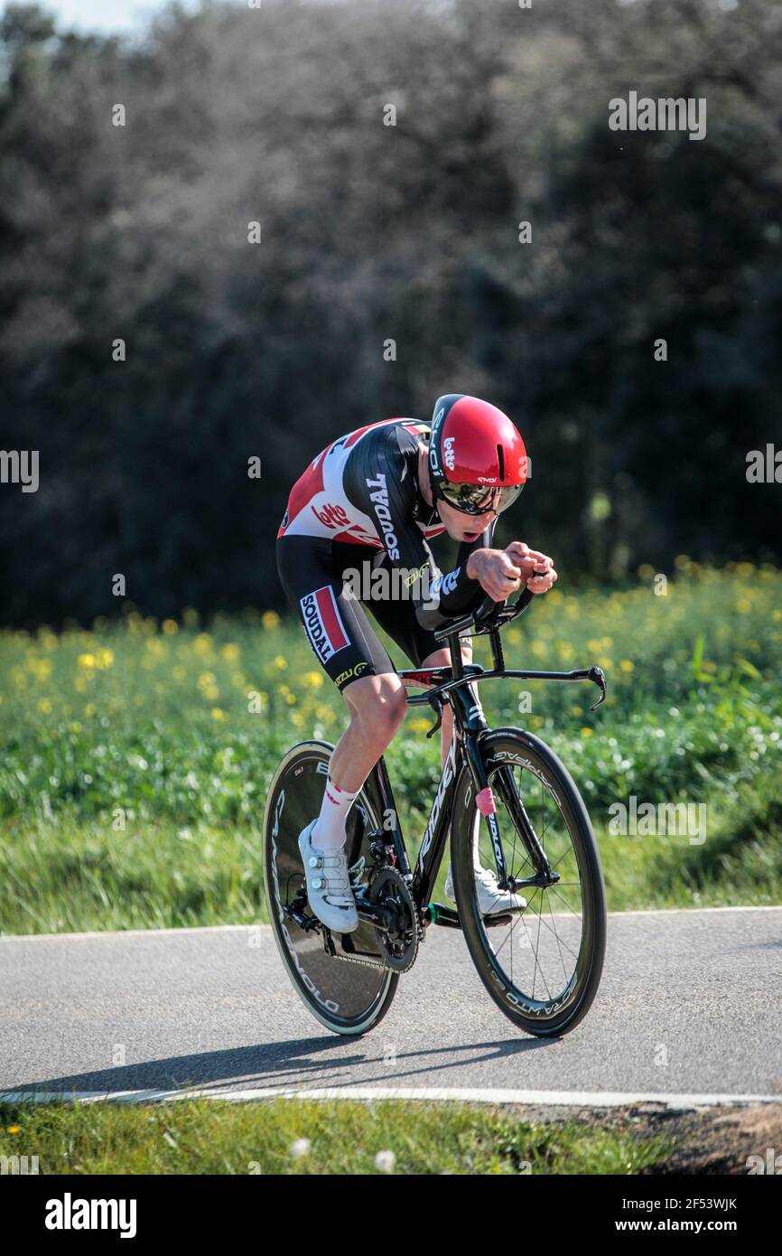 Volta Catalonia 23.3.2021- Steff Cras riding for Team Lotto–Soudal  in the 18.5km time trial passing through Fontcoberta near Banyoles, Spain Stock Photo