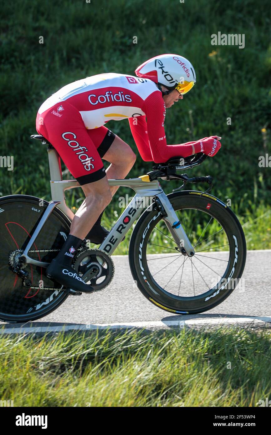 Volta Catalonia 23.3.2021- José Herrada riding for Team Cofidis  in the 18.5km time trial passing through Fontcoberta near Banyoles, Spain Stock Photo