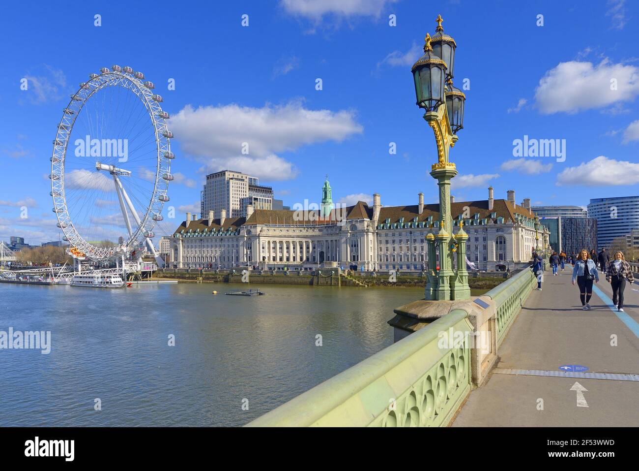 London, England, UK. Westminster Bridge, County Hall and the London Eye / Millennium Wheel Stock Photo