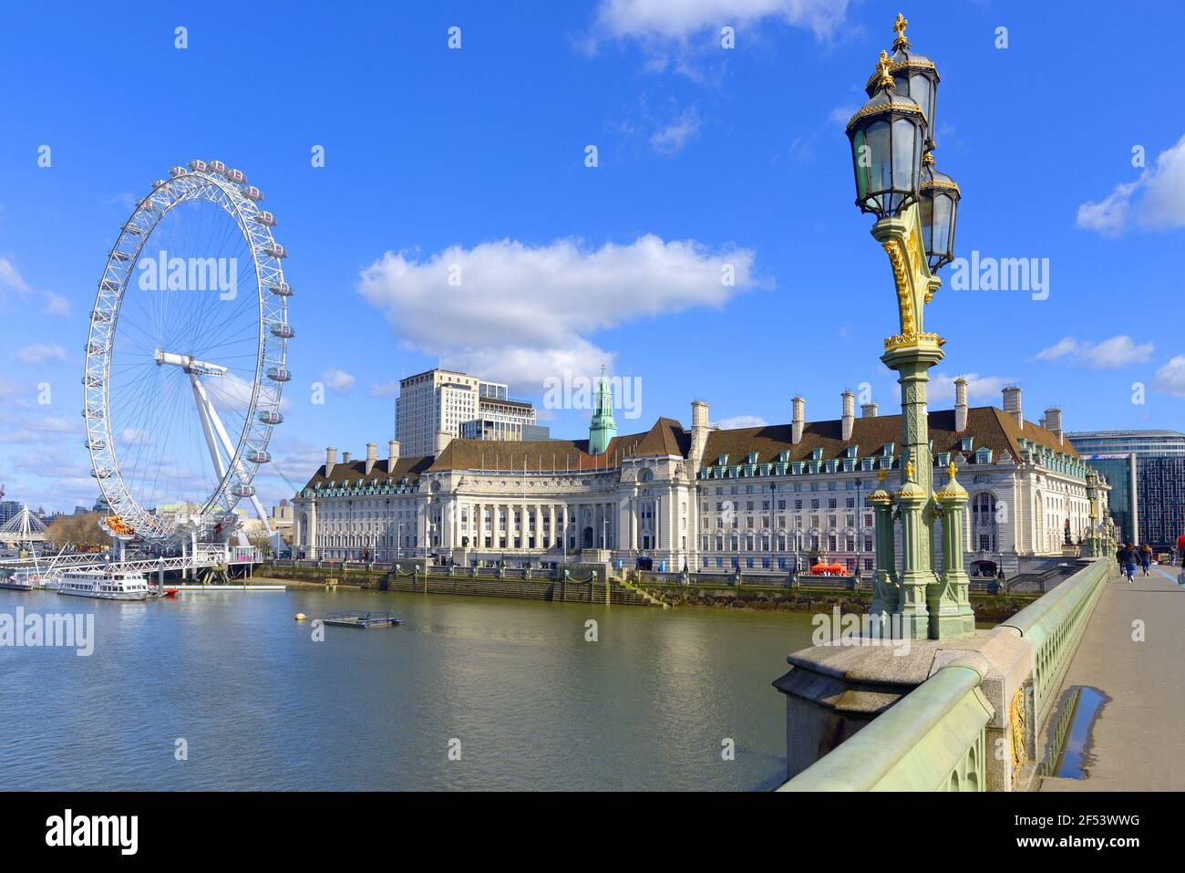 London, England, UK. Westminster Bridge, County Hall and the London Eye / Millennium Wheel Stock Photo