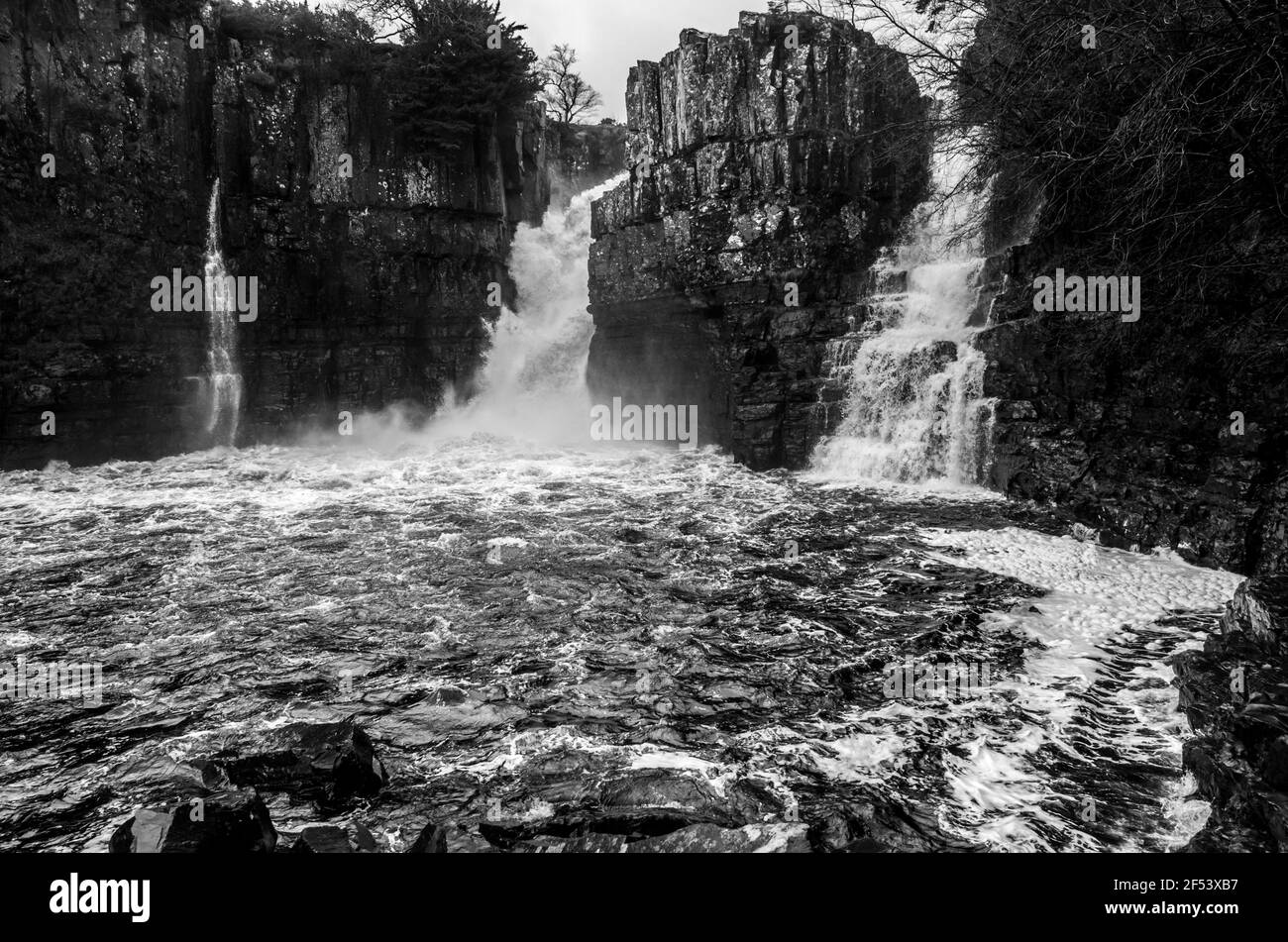 High Force waterfall, on the River Tees, Upper Teesdale, County Durham, UK. B&W. Stock Photo