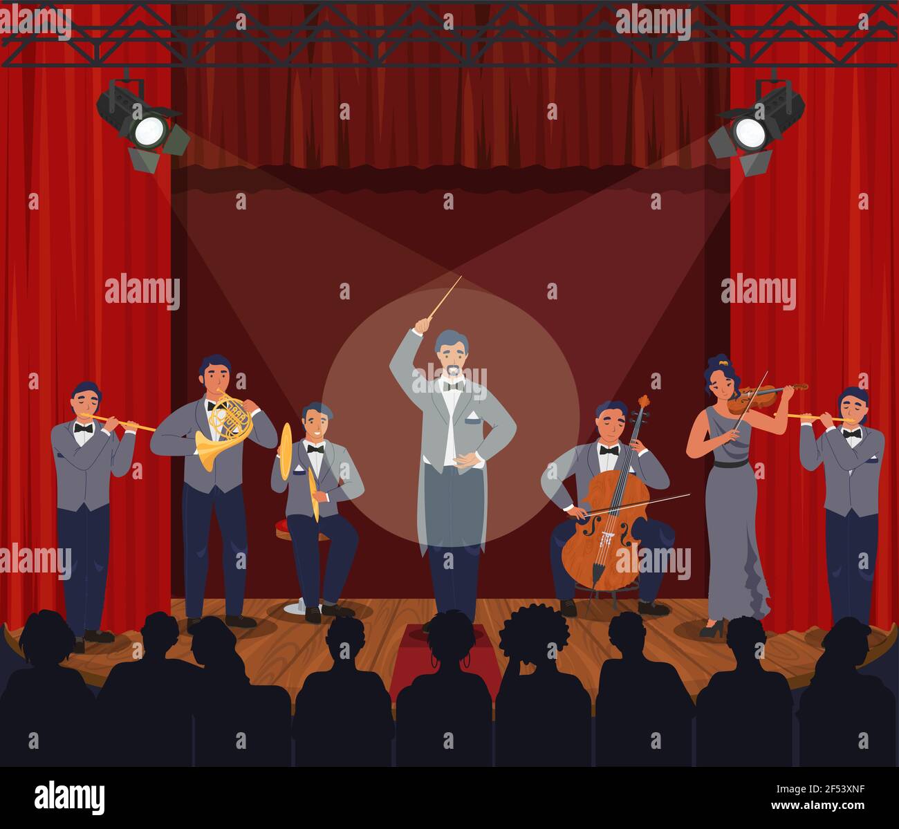 Opera Theater Scene Symphony Orchestra Performing On Stage Vector