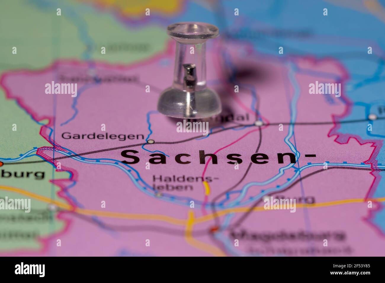 A colorless Pins on a map showing the name of Sachsen a state of Germany Stock Photo - Alamy