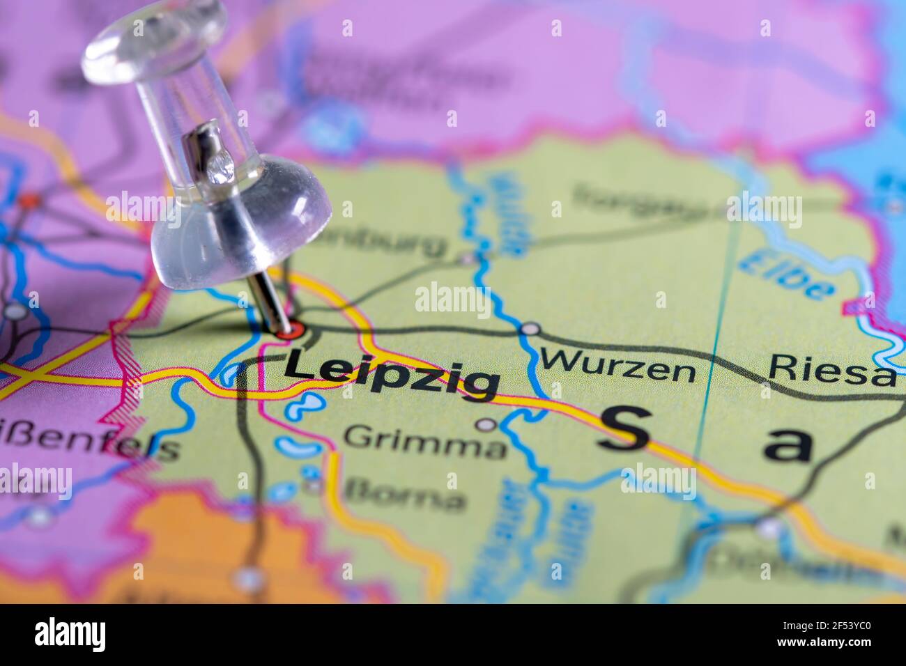 A colorless Pins on a map showing the name of Leipzig a state of Germany Stock Photo Alamy