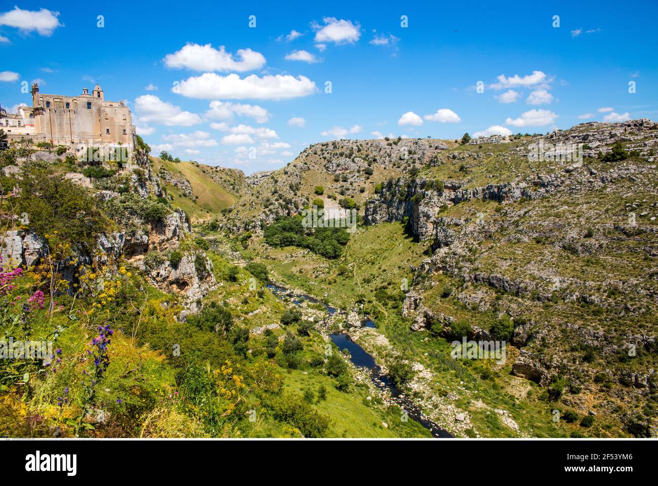 geography / travel, canyon with the Gravina beck and Sant Agostino monastery, Matera, Italy, Apulia, Additional-Rights-Clearance-Info-Not-Available Stock Photo