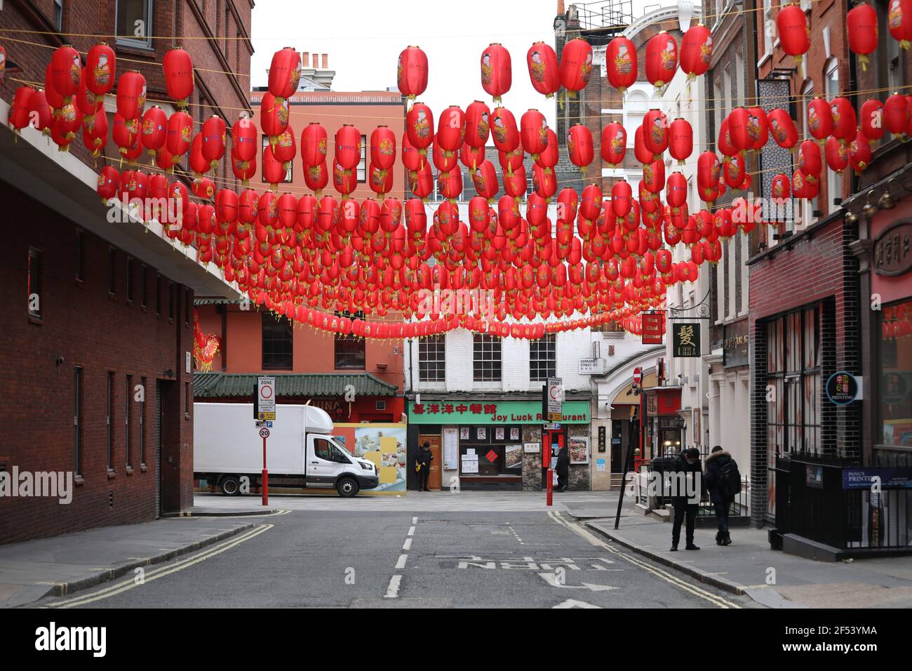 London, UK. 23rd Mar, 2021. Chinatown is still very quiet. Today marks the first anniversary of the start of UK lockdown restrictions because of the COVID-19 Coronavirus pandemic. A national minute's silence at 12.00pm marks the moment of reflection. London is pictured today (March 23, 2021), on the anniversary of the first Coronavirus lockdown. Credit: Paul Marriott/Alamy Live News Stock Photo