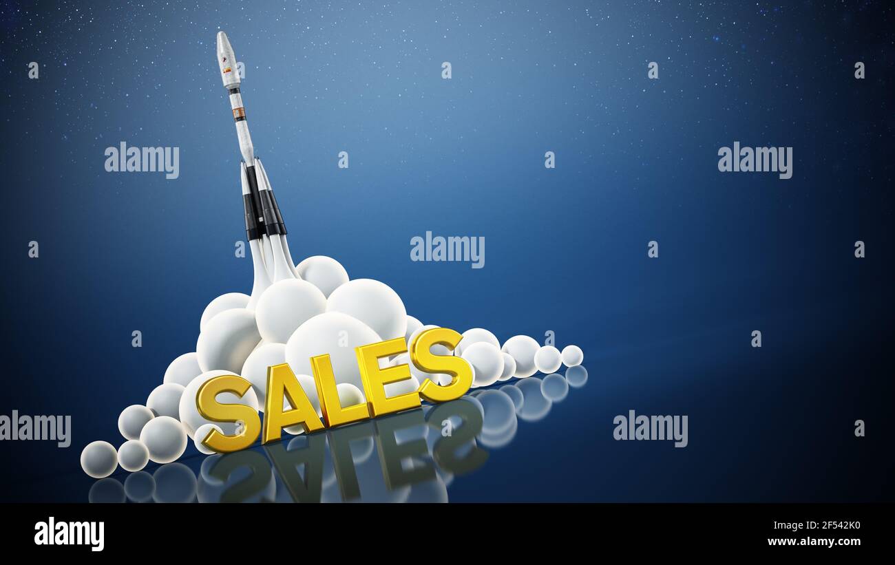 Sales text standing in front of a launching rocket. Business and success concept. 3D illustration. Stock Photo